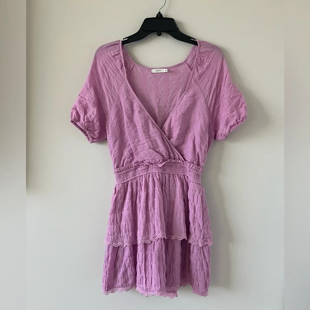 Women’s Resortwear Pink Cotton Puff Sleeve Wrap Tiered Pink Purple Mini Dress - Picture 5 of 12